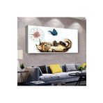 Zevahir Mavi Kelebek ve Kedicik 100x50 cm Ahşap Şase Dijital Baskı Saatli Gümüş Kanvas Tablo