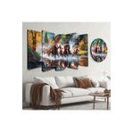zevahir mobilya & dekorasyon Altılı Kelebek Mdf Yağlı Boya Görünümlü Suda Koşan Atlar Saatli Tablo Seti, Kelebek, 95 x 55