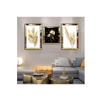 zevahir mobilya & dekorasyon Gold Aynalı Pleksi Çerçeveli Buğday Çiçeği Aynalı Li Üçlü Mdf Tablo ve Saat Seti, Gold, 40 x 60