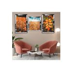 zevahir mobilya & dekorasyon Gümüş Aynalı Turuncu Çiçek Bahçesi Üçlü Mdf Tablo ve Saat Seti, Gümüş, 40 x 60