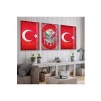 zevahir mobilya & dekorasyon Gümüş Metal Çerçeveli Beyaz Ay Yıldız ve Osmanlı Tuğrası Üçlü Kırılmaz Cam Tablo Seti, Gümüş, 90 x 60