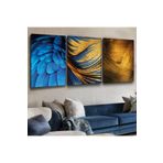 zevahir mobilya & dekorasyon Kanvas Mavi Kuş Tüyleri ve Mavi Altın Desenli Modern Üçlü Tablo Seti, Renkli, 90 x 60