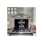 Zevahir Mobilya Dekorasyon Ocak Arkası Temperli Cam Siyah Arka Planlı "My Kitchen My Rules" Yazılı - renkli 30 x 40