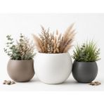 ZEVLİ Japandi Tarzı Modern Küre Saksı 3'lü Set - Su Sızdırmaz Dekoratif Salon ve Balkon Saksısı Hediyelik Çiçeklik Seti (Beyaz, Antrasit ve Mocha, Bir Büyük iki Orta)