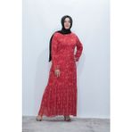 Zey&Ka Butik Büyük Beden Şifon Piliseli Çiçek Desen Elbise - 42 - 44 - Kırmızı