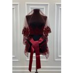 ZEYMERADE Bordo Klasik Desen Flok Baskı Simli Gelin Duvak Kuşak Eldiven Set