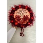 ZEYMERADE Bordo Ledli Gelin Tefi 32cm, Üç Boyutlu Çiçekli Parlak Taş Ve Tüy Süslemeli, Düğün Kına Gecesi Nedime Bride Sünnet