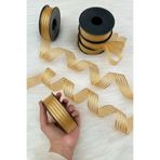 ZEYMERADE Gold Hilton Çizgili Şifon Kurdele 2,5 cm 20 mt, Gelin, Damat, Bohça, Nişan, Çeyiz, Hediye, Süsleme
