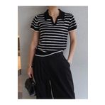 zeynstore Kadın Polo Yaka Çizgili Kısa Kollu Triko Bluz