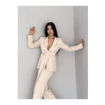 ZF BOUTIQUE Bağlamalı Sahte Cepli Kemerli Şal Yaka Blazer Ceket Boru Paça Esnek Pantolon Takım Elbise bej 42