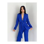 ZF BOUTIQUE Bağlamalı Sahte Cepli Kemerli Şal Yaka Blazer Ceket Boru Paça Esnek Pantolon Takım Elbise saks mavisi 40