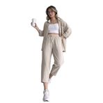 ZF BOUTIQUE Kadın Bej Ikili Keten Gömlek Pantolon Alt Üst Takım Bej L