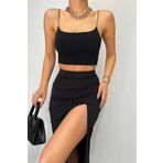 ZF BOUTIQUE Yandan Yırtmaçlı Etek Crop Takım SİYAH L