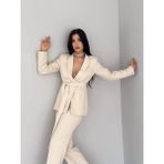 Zf Butik Kadın Blazer Ceket Pantolon Takım Bej Şal Yaka Kemerli Boru Paça - 36