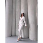 Zf Butik Kadın Ceket Pantolon Takım Beyaz Çift Cep Bel Ayarlı