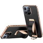 ZGFOZJGC iPhone 16 Pro Max/16 Pro/16 için Kılıf, Lüks Altın Kaplama Yumuşak TPU Tampon Kenarı Her Şey Dahil Kamera Koruması Bileklik Destekli Hakiki Deri Kılıf (Siyah 1, 16)