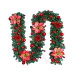 ZHDOKA 8.9FT Atatürk çiçeği Noel Çiçekleri Çelenk, Yapay Noel Çiçekleri Noel Topları ve Çam İğnesi ile Çelenk, Noel Ağacı Süs Manto Tatil için Çelenk (Kırmızı-İp Işıksız)