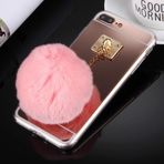 ZHENGNING iPhone 8 Plus ve 7 Plus için Koruyucu Kılıf Elektroliz Kaplama Ayna TPU Koruyucu Kapak Kılıf Kürklü Top Zincir Kolye Akıllı Telefon İnce Kapak Kabuk (Renk: Gül Altın)