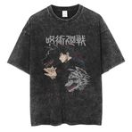 Zhongkaihua JJK Gojo Satoru Anime Ryomen Sukuna Vintage Yıkanmış Tişört Eskitilmiş Grafik Siyah Pamuk Erkekler Gençlik Erkek Yaz Günlük Hip Hop Sokak Giyimi, 3 yazın, 3XL