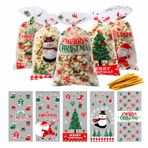 ZHOUHON 100 adet kurabiye torbası, Noel, şeffaf, selofan torbalar Noel ve 120 adet altın bant, doldurmak için Noel torbaları, şekerlemeler için küçük (Noel-1)