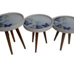 Zigon 19627 Sehpa Çember MAVİ KELEBEK Model Kayın Retro 3 Ayak Üstü Cam El Yapım