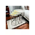 Zigonzi Gümüş Metal, Sarı Mermer Desenli, 3'lü Zigon Sehpa