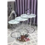Zigonzi Hasır Model Zigon Sehpa Krom Ayak Beyaz Siyah Mermer Desen Cam