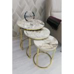 Zigonzi Lısa Zigon 3^Lü Sehpa - Beyaz Kahve Mermer Desenli Ahşap Tabla - Gold Metal Ayak