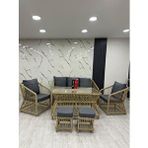 Zigonzi Paris 7 Kişilik Rattan(bambu) Bahçe Balkon Teras Oturma Grubu Koyu Gri Minderli (3+1+1) 80x140 Cm Masa, 2 Adet Puf - Ceviz Rattan