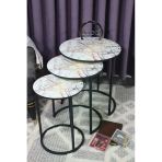 Zigonzi Üçlü Zigon Temperli Cam Sarı Ebru Mermer Desenli Metal Sehpa -