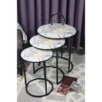 Zigonzi Üçlü Zigon Temperli Cam Sarı Ebru Mermer Desenli Metal Sehpa -