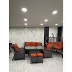 Zigonzi Vilza 7 Kişilik Rattan Bahçe Balkon Teras Oturma Grubu Portakal Minderli (3+1+1) 80x140 Cm Masa, 2 Adet Puf Ve 2 Kişilik Rattan Salıncak Seti - Antrasit Gri