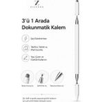 Zilvana Şarjsız Beyaz 3’ü 1 Arada Stylus Dokunmatik Kalem Telefon Tablet iPad Kağıt Uyumlu Yazı Çizim Kalemi