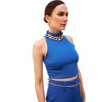 Zincir Aksesuarlı Crop Bluz - SAX MAVİ