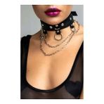 Zincir ve Halka Detaylı Şık Deri Choker Tasma Boyunluk Aksesuarı