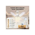 zinnuren Kristal LED Lambalı Ampul Tavan Vantilatörü 6 Kanatlı Uzaktan Kumandalı Sinek Kovucu Avize 52cm Çap 30W E27 Duy Hediyeli