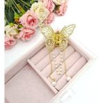 Zirkon Taşlı Inci Sallantılı Kelebek Model Gold Renk 6,5 cm Metal Kadın Mandal Toka(1 Adet)