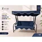 Zish Home 3 Kişilik Bahçe Balkon Salıncak Minderi Takımı | Yıkanabilir Fermuarlı Kılıflı Tekstil Seti | 24 DNS 8 cm Sünger | Oturak Minderi, Sırt Minderi, Tente, 2 Kolçak ve 2 Kırlent | 150×48×8 cm - Lacivert