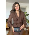 Zishan Fashion Lüks Siyah Boncuk Detaylı Kadın Ikili Takım – Şifon Kollu Ceket ve Pantolon – 36-48 Geniş Beden 415 - 44 - Latte