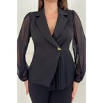 Zishan Fashion Piliseli Kadın Ceket Metal Düğme Detaylı Kolları Tül Şık ve Modern Tasarım 033 - Siyah - 36
