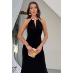 Zishan Fashion Sandy Kumaş Straplez & Halter Yaka Uzun Abiye Elbise - Dökümlü Bodycon Gece Elbisesi 10178 - Siyah - 36