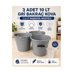 ZİVORA 3 Adet 10 LT Antrasit-Gri Bakraç Kova Metal Saplı Plastik Kova 1,5 LT Maşrapa Hediyeli