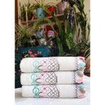 Z&N STYLE (3'LÜ SET) Annem Çeyizlik 50x90 Cm. Kanaviçe Çiçek Desenli Püsküllü Kadife Lüks Havlu Seti