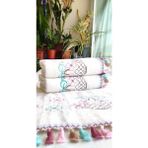 Z&N Style (3'lü set) Çeyizlik 50X90 Cm. Kanaviçe Çiçek Desenli Püsküllü Kadife Lüks Havlu Seti - 50 x 90 cm - Krem