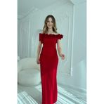 zoezoe 3D Çiçek Detaylı Madonna Yaka Tam Boy Kırmızı Abiye Elbise Kırmızı M
