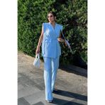 zoezoe Kadın Alt Üst İkili Takım Omuz Detaylı Kemerli Kolsuz Blazer Ceket Pantolon Takım BEBE MAVİSİ 36