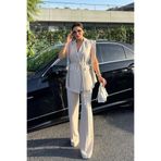 zoezoe Kadın Alt Üst İkili Takım Omuz Detaylı Kemerli Kolsuz Blazer Ceket Pantolon Takım BEJ 36