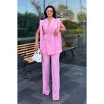 zoezoe Kadın Alt Üst İkili Takım Omuz Detaylı Kemerli Kolsuz Blazer Ceket Pantolon Takım Pembe 40