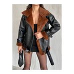 zoezoe KADIN İÇİ KÜRKLÜ DIŞI DERİ BİKER JACKET CEKET MONT HİJAP Siyah-koyukahve L