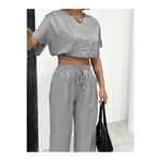 zoezoe Parlak Modal Kumaş Beli lastikli Crop/Palazzo kesim lastikli bağcıklı Pantolon Takım Hijap Gri M